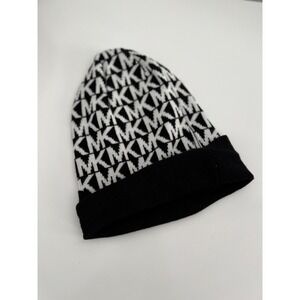 Michael Kors MK Monogram Logo Beanie Hat Black White Cuffed Knit Winter Cap